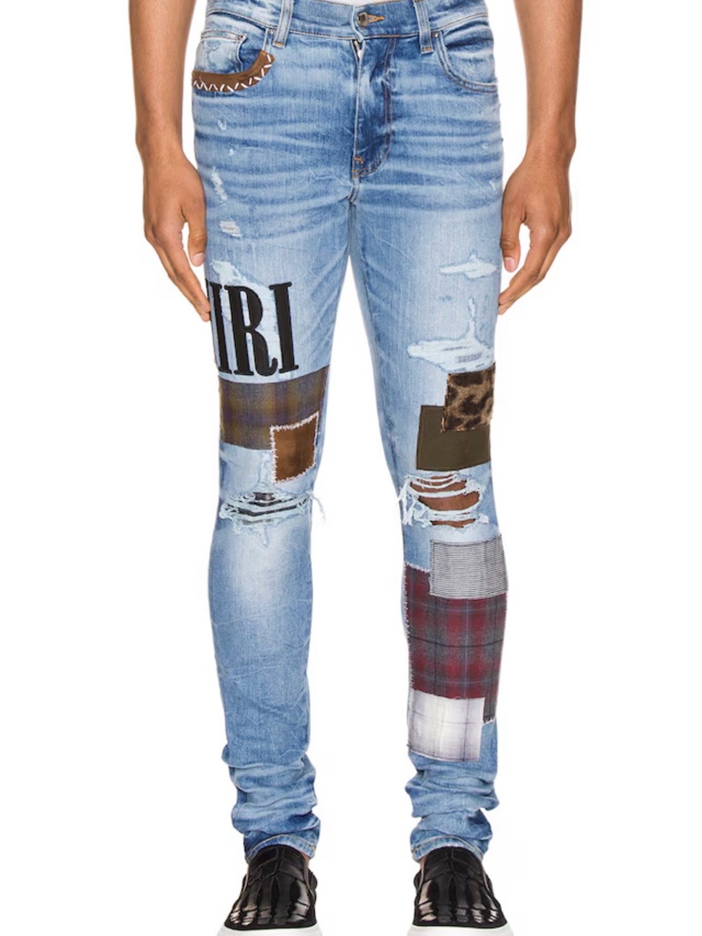 AMIRI Patchwork Light Blue Jeans. Size XL (38) women’s. Fall 2019 runway NWT